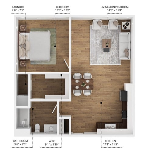 Floor plan for 1 bed, 1 bath, 640 sqft